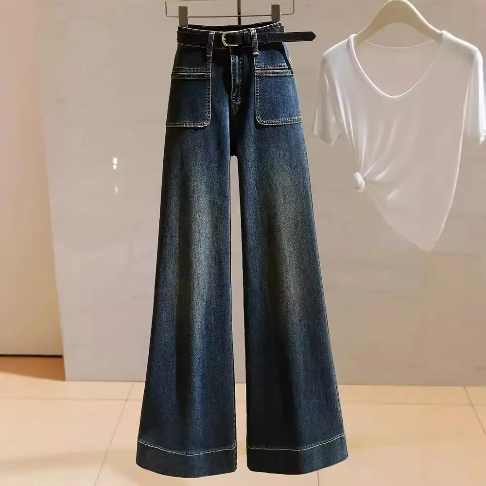 Wide Leg Pants Jeans Women Vintage Denims High Waist 2025 Streetwear Pockets Washed Distressed Loose Trousers Floor Length