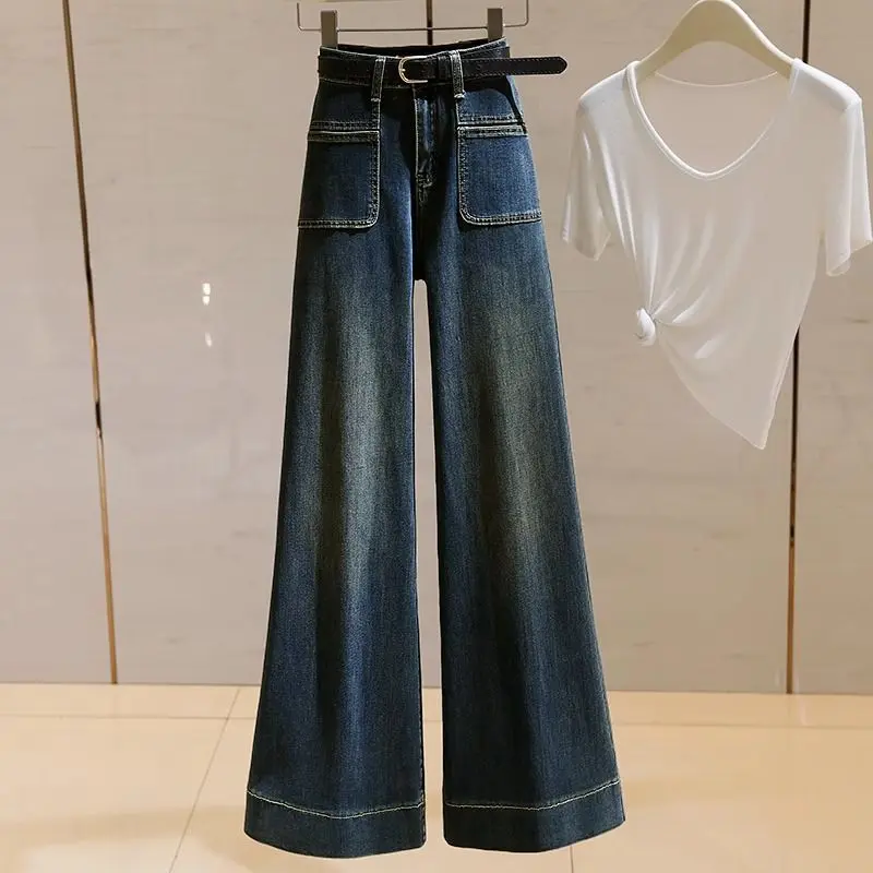Wide Leg Pants Jeans Women Vintage Denims High Waist 2025 Streetwear Pockets Washed Distressed Loose Trousers Floor Length