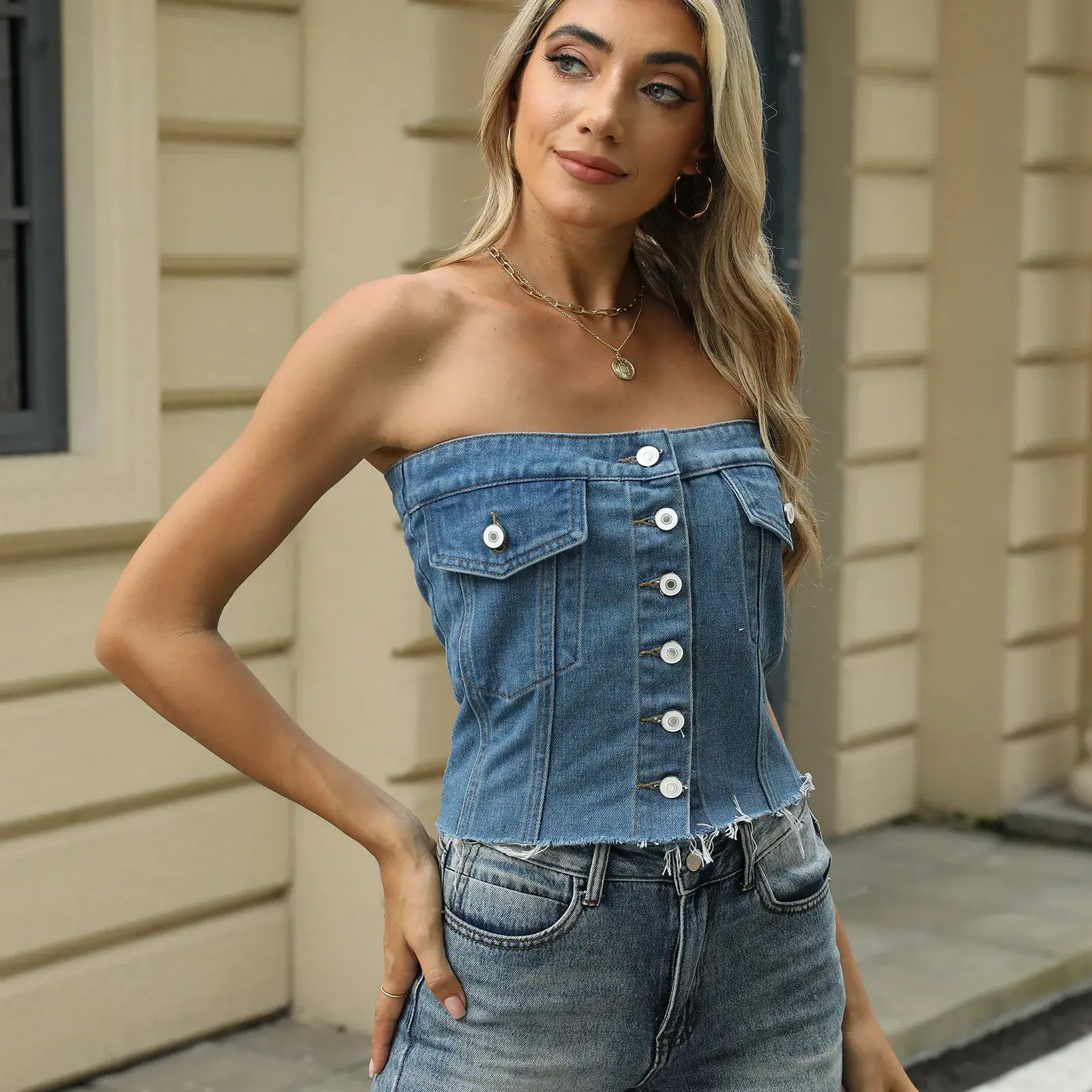 Denim Corset Crop Top Women Off Shoulder Sleeveless Backless Single Breasted Vest Coat 2025 Y2k Summer Sexy Streetwear Tank Tops