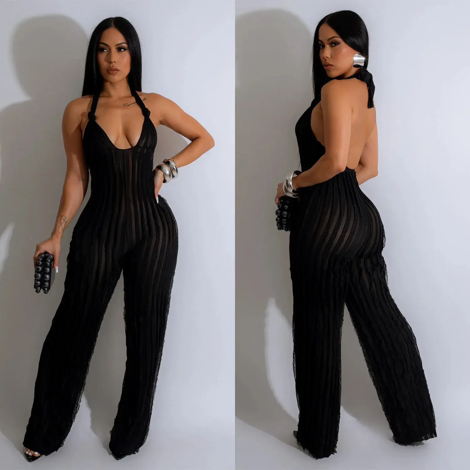Women Jumpsuits V Neck Rompers Bodycon Backless Wide Leg Pants High Street Ankle Length Summer Folds Sexy White Pleated Sexy