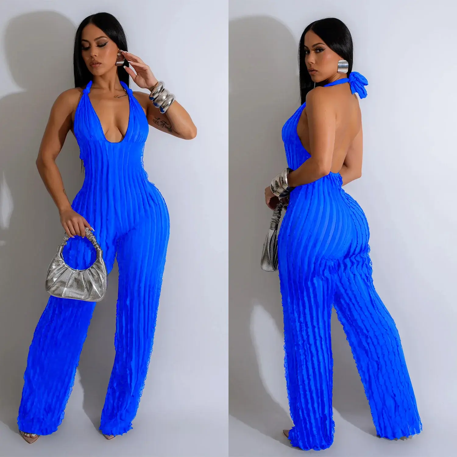 Women Jumpsuits V Neck Rompers Bodycon Backless Wide Leg Pants High Street Ankle Length Summer Folds Sexy White Pleated Sexy