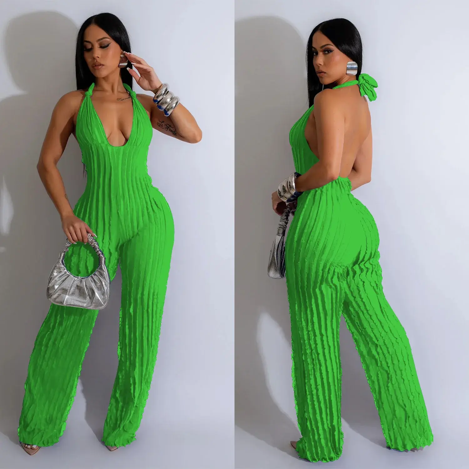 Women Jumpsuits V Neck Rompers Bodycon Backless Wide Leg Pants High Street Ankle Length Summer Folds Sexy White Pleated Sexy