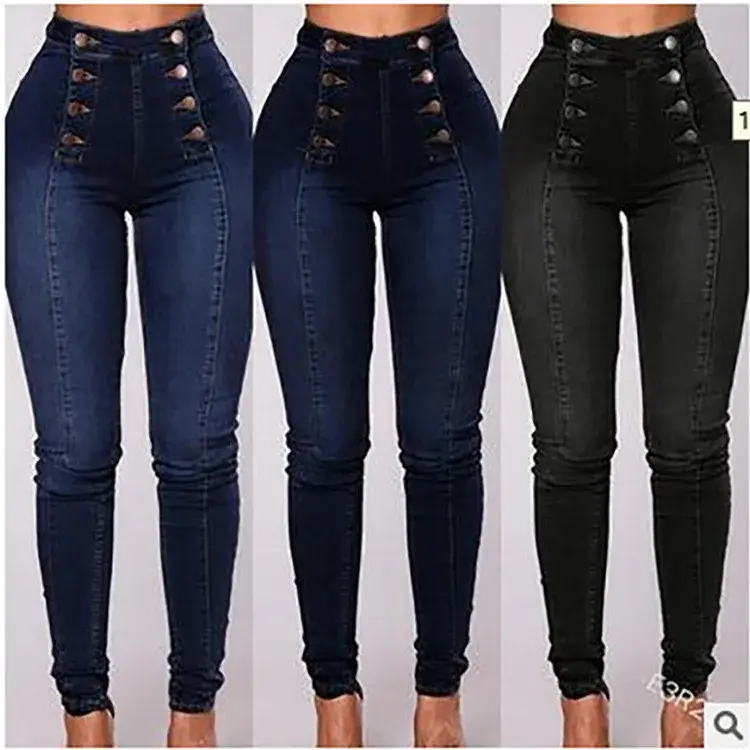 Denim Pencil Pants Women Vintage Jeans High Waist Washed Double Breasted Pockets Y2k Ankle Length Trousers 2025 Streetwear