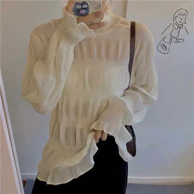 Sweet Lace T Shirt Women Blouse Tops Autumn Spring Long Sleeve Y2k Streetwear Pullover Casual Simple Basic Blouse Blusa Top