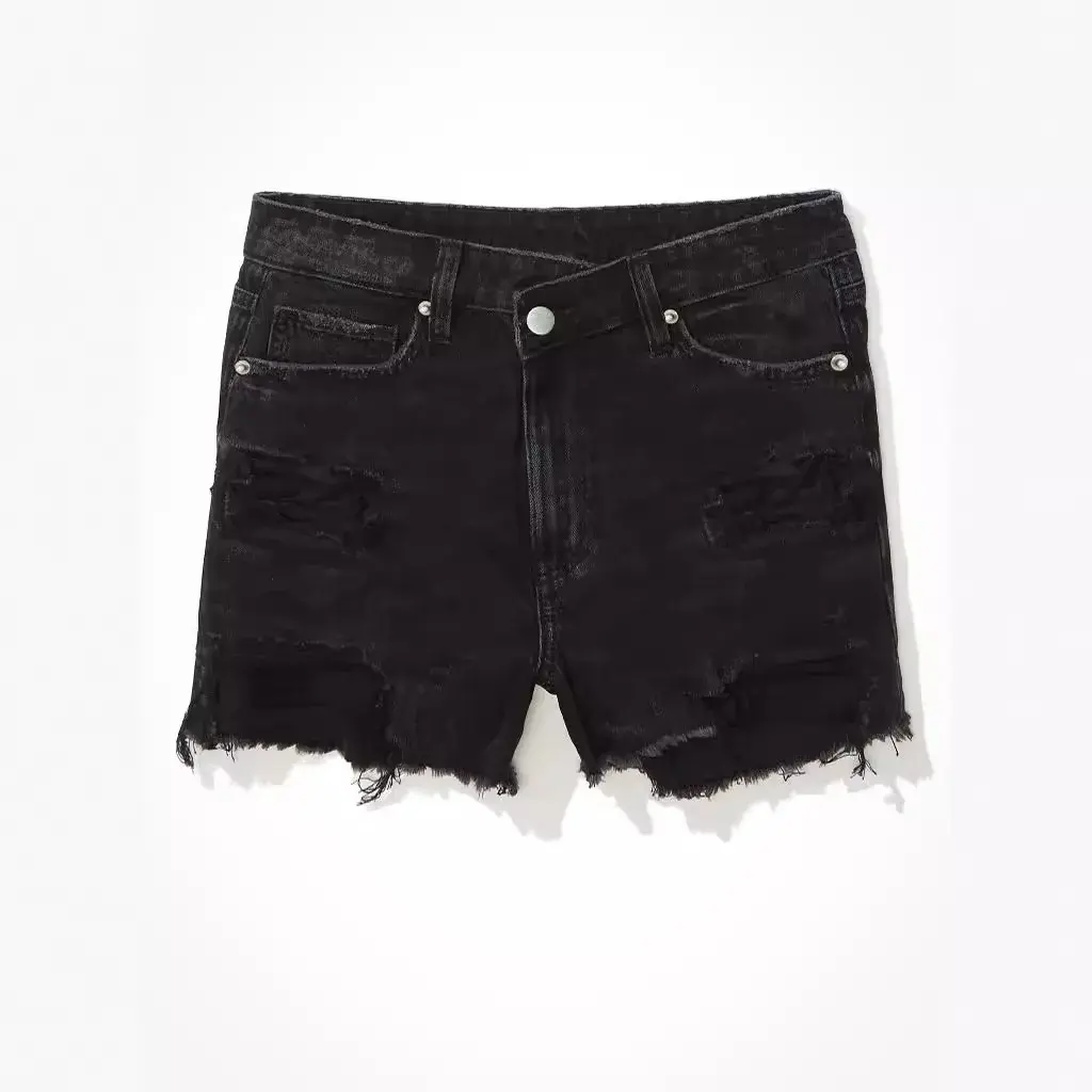 Hole Shorts Women Distressed Ripped Jeans Washed Button Pockets High Waist Vintage Short Pants 2025 Streetwear Straight Denim