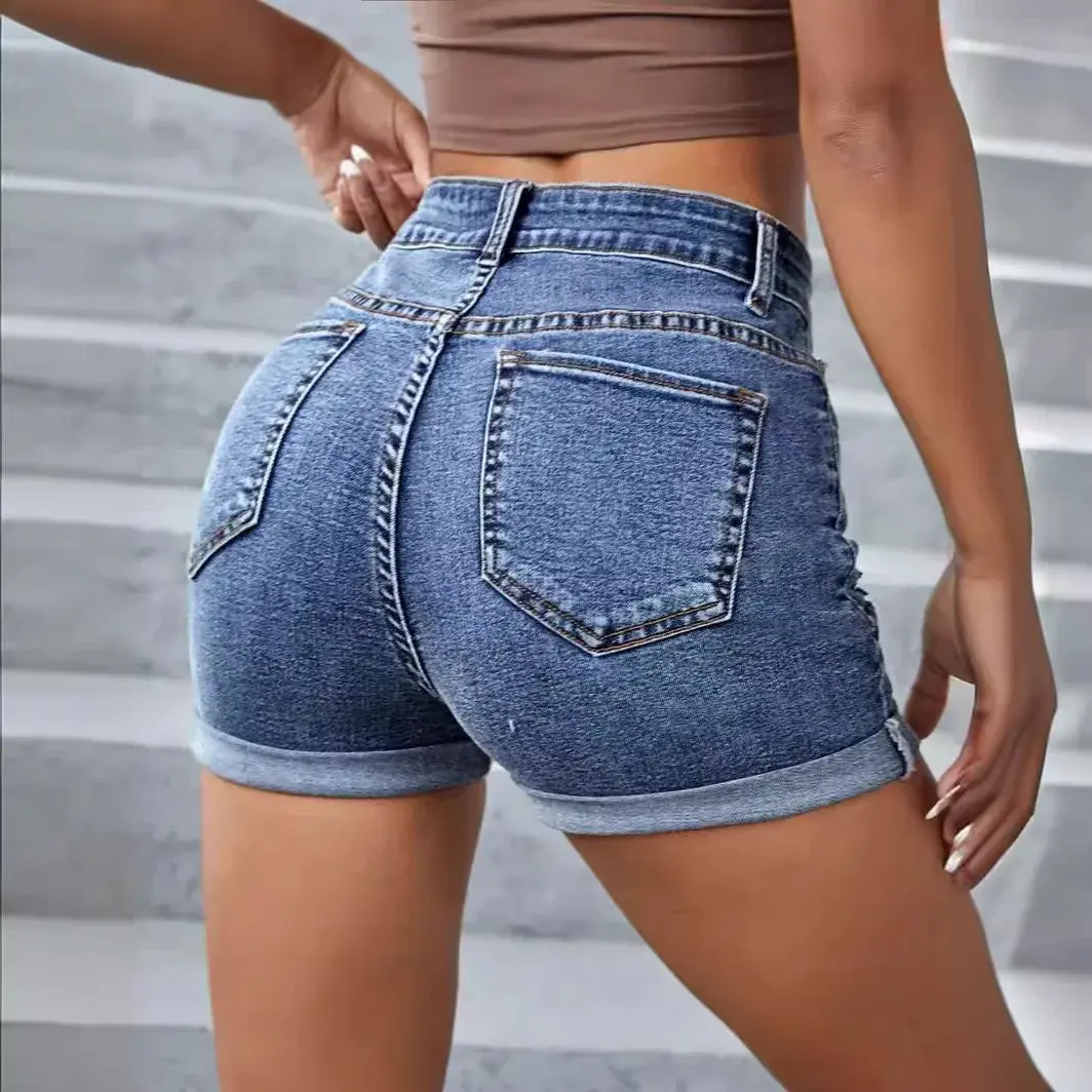 Ripped Shorts for Women Streetwear Hole Jeans High Waist Stretch Washed Distressed Straight Denims 2025 Vintage Short Pants