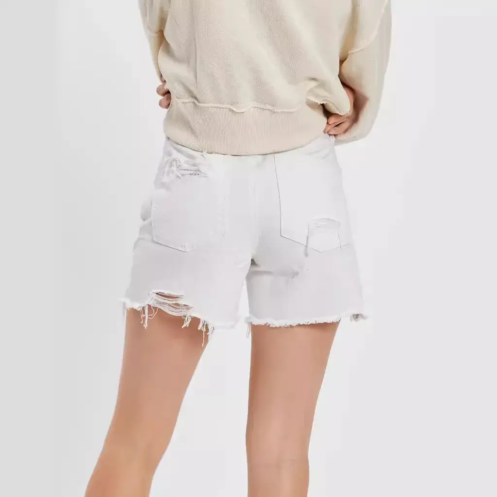 Hole Shorts Women Distressed Ripped Jeans Washed Button Pockets High Waist Vintage Short Pants 2025 Streetwear Straight Denim