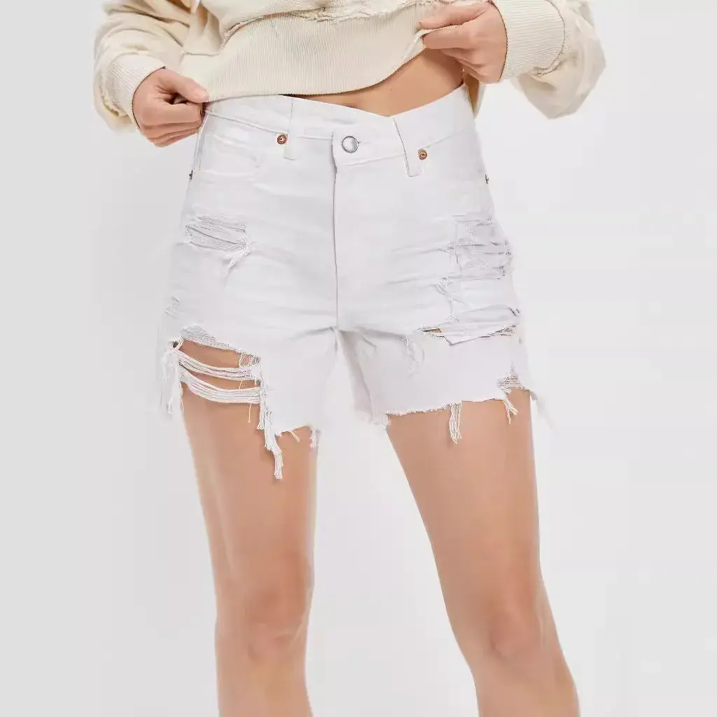 Hole Shorts Women Distressed Ripped Jeans Washed Button Pockets High Waist Vintage Short Pants 2025 Streetwear Straight Denim
