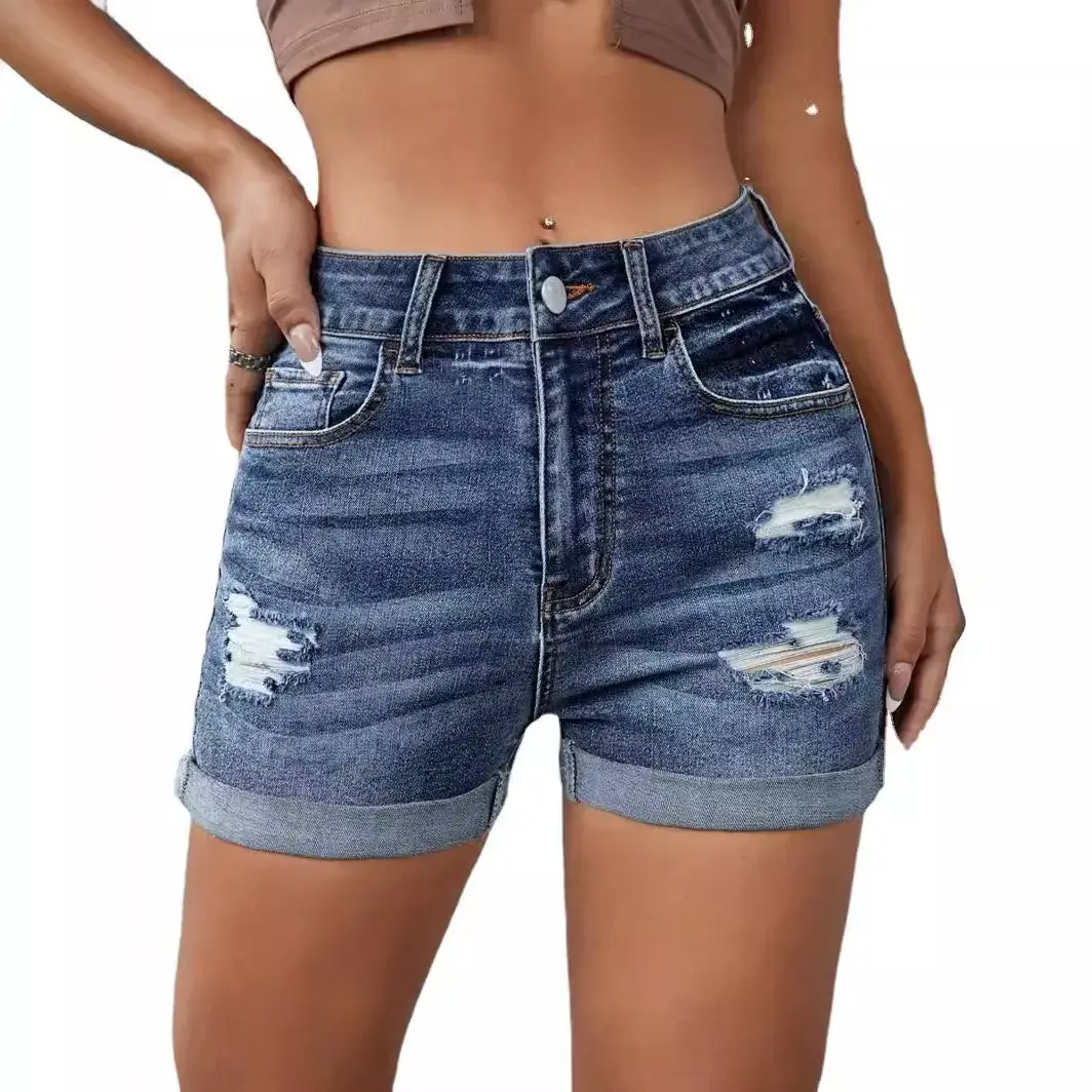 Ripped Shorts for Women Streetwear Hole Jeans High Waist Stretch Washed Distressed Straight Denims 2025 Vintage Short Pants