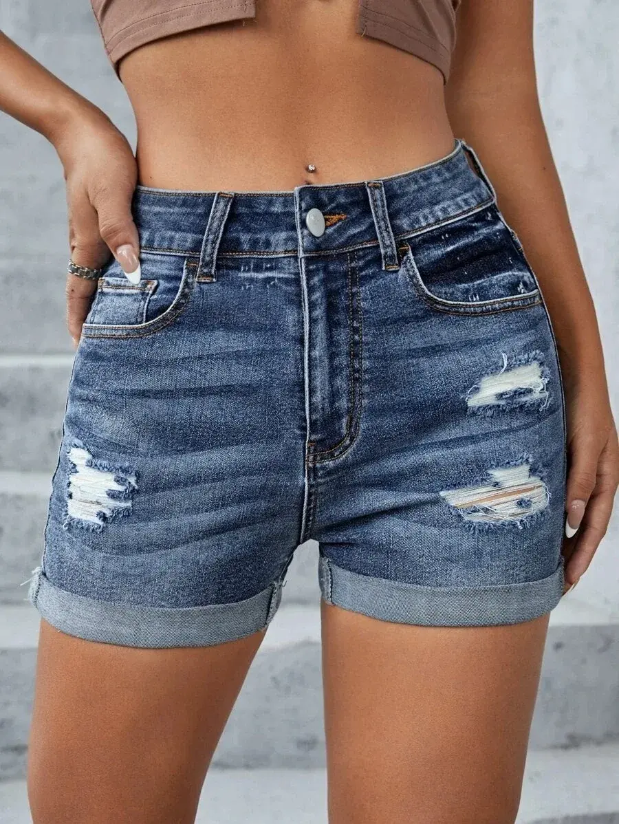 Ripped Shorts for Women Streetwear Hole Jeans High Waist Stretch Washed Distressed Straight Denims 2025 Vintage Short Pants