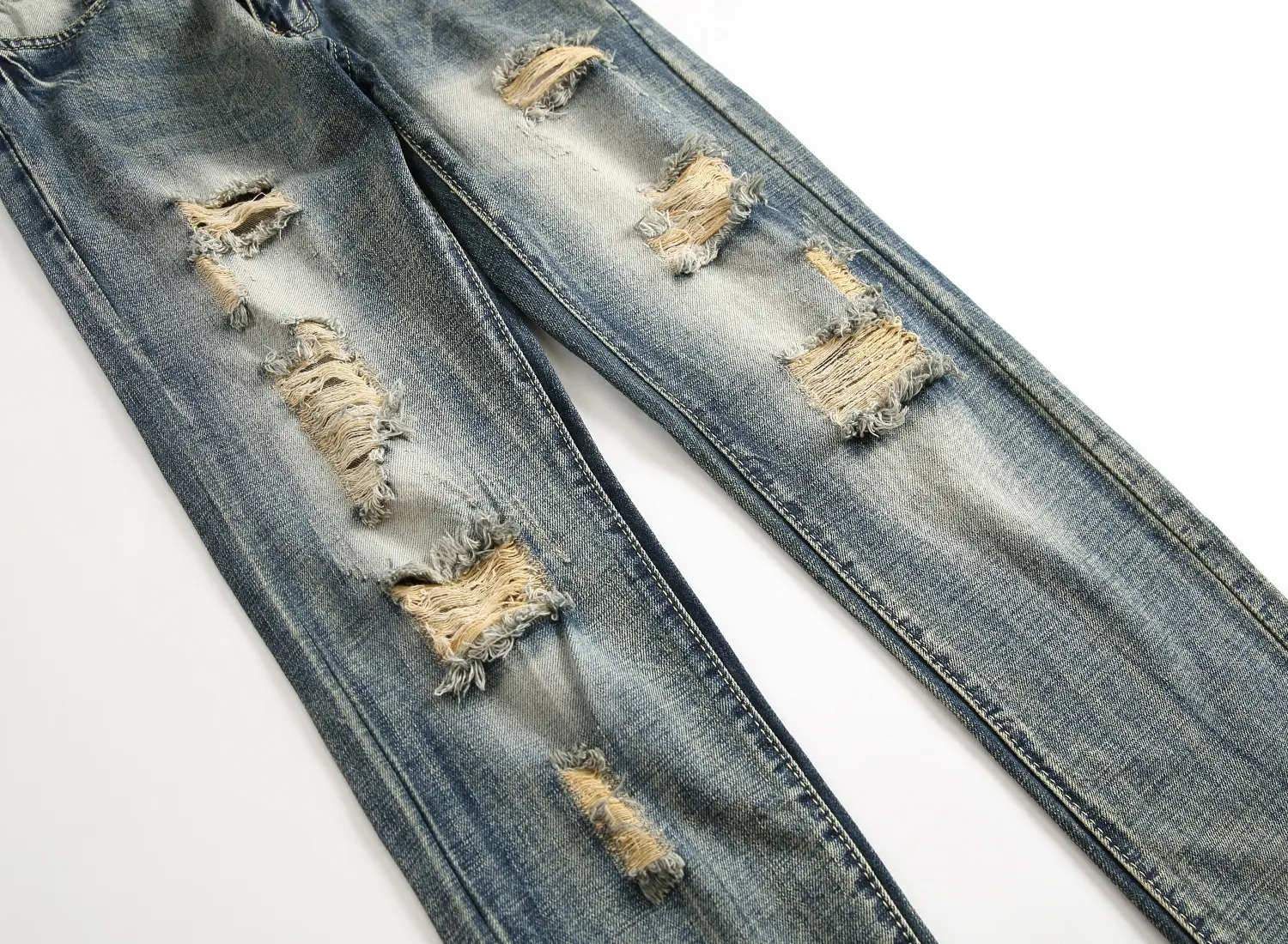 Men Hole Jeans Straight Pants Denims Distressed Mid Waist Skinny Pockets Streetwear Washed Vintage Ankle Length Trousers 2025