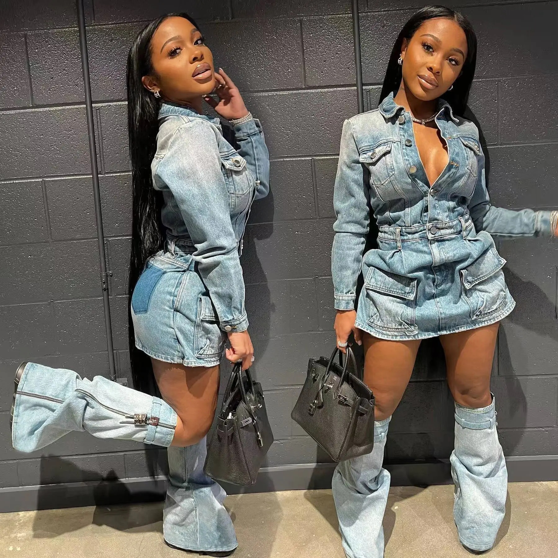 Mid Length Dress Women Denim Dresses High Waist Vestidos Streetwear Full Sleeve Elegant Splice Y2k Work Jeans Club Summer 2025