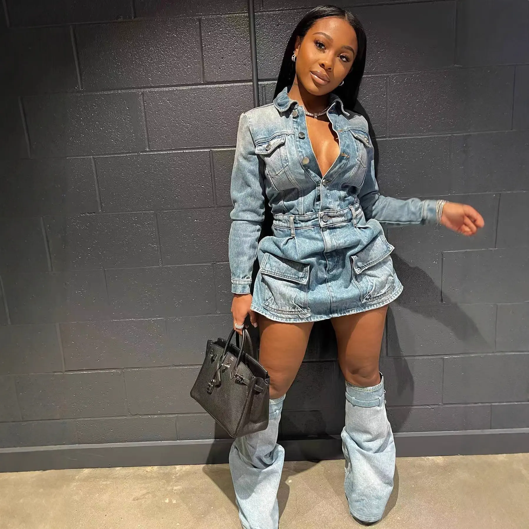 Mid Length Dress Women Denim Dresses High Waist Vestidos Streetwear Full Sleeve Elegant Splice Y2k Work Jeans Club Summer 2025