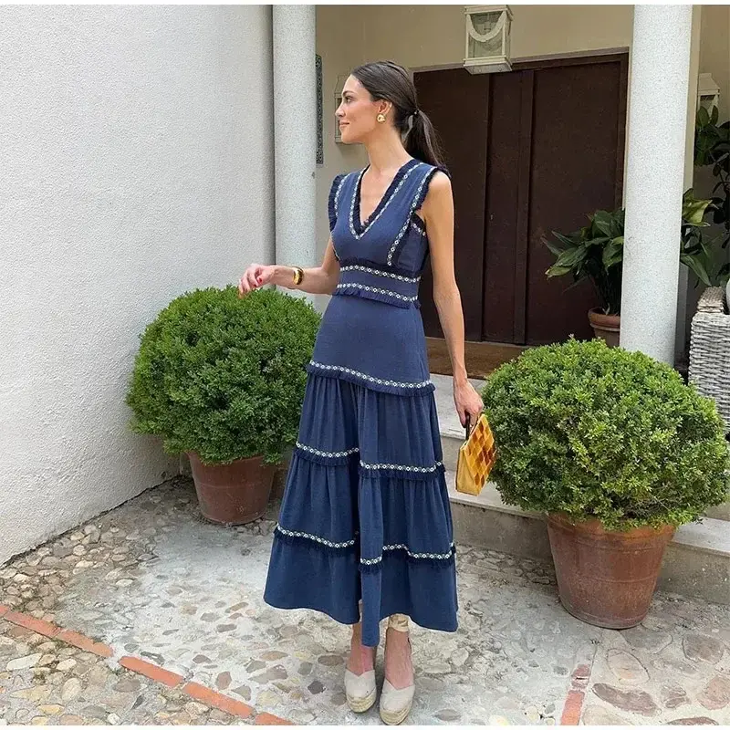 Vintage Fringed Spliced High-waisted Women's Dress Sleeveless V-neck Fashionable Cross-border European American Style