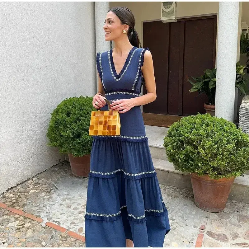 Vintage Fringed Spliced High-waisted Women's Dress Sleeveless V-neck Fashionable Cross-border European American Style