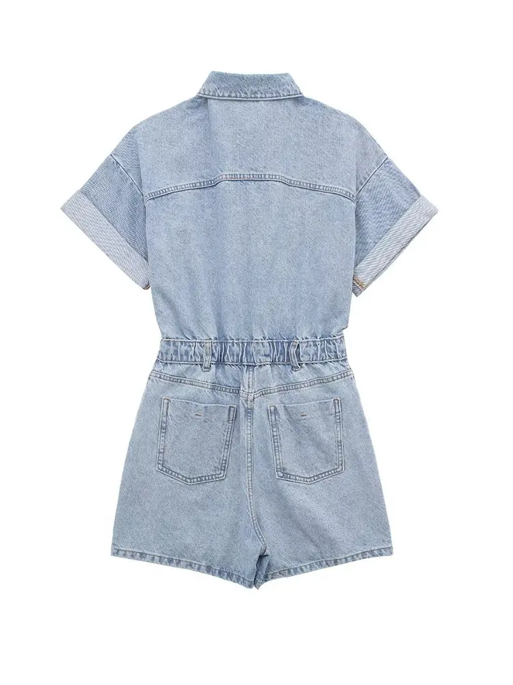 Pocket Denim Short Jumpsuit Women Casual Tops Solid Color Fashionable Simple Comfortable Waist One Piece Clothing