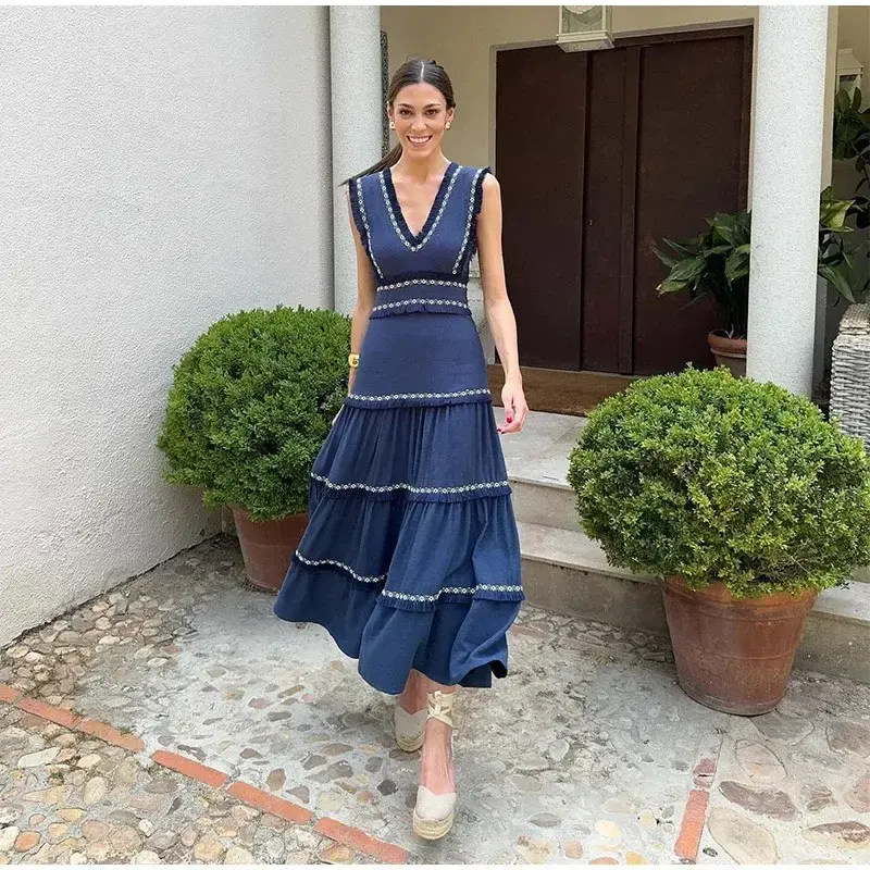 Vintage Fringed Spliced High-waisted Women's Dress Sleeveless V-neck Fashionable Cross-border European American Style