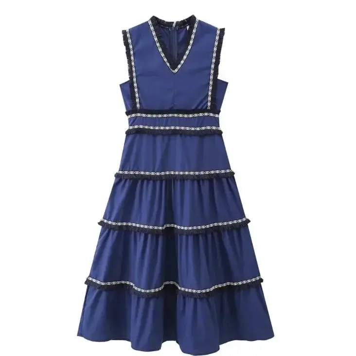 Vintage Fringed Spliced High-waisted Women's Dress Sleeveless V-neck Fashionable Cross-border European American Style