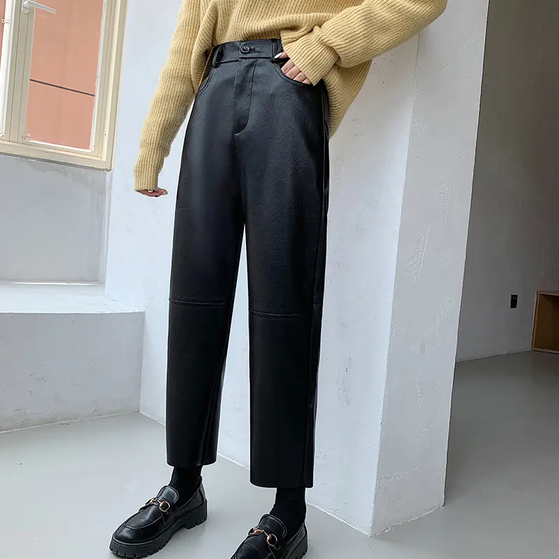 New 2024 Autumn Winter Leather Pants Women Korean Fashion High Elastic Waist Red Or Black Color Harem Trousers Female Pantalones