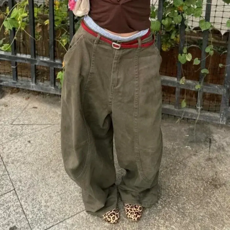 Women Streetwear Vintage Cargo Harajuku Parachute Jeans Wide Leg American Retro Denim Pants 2000s Trousers Clothes