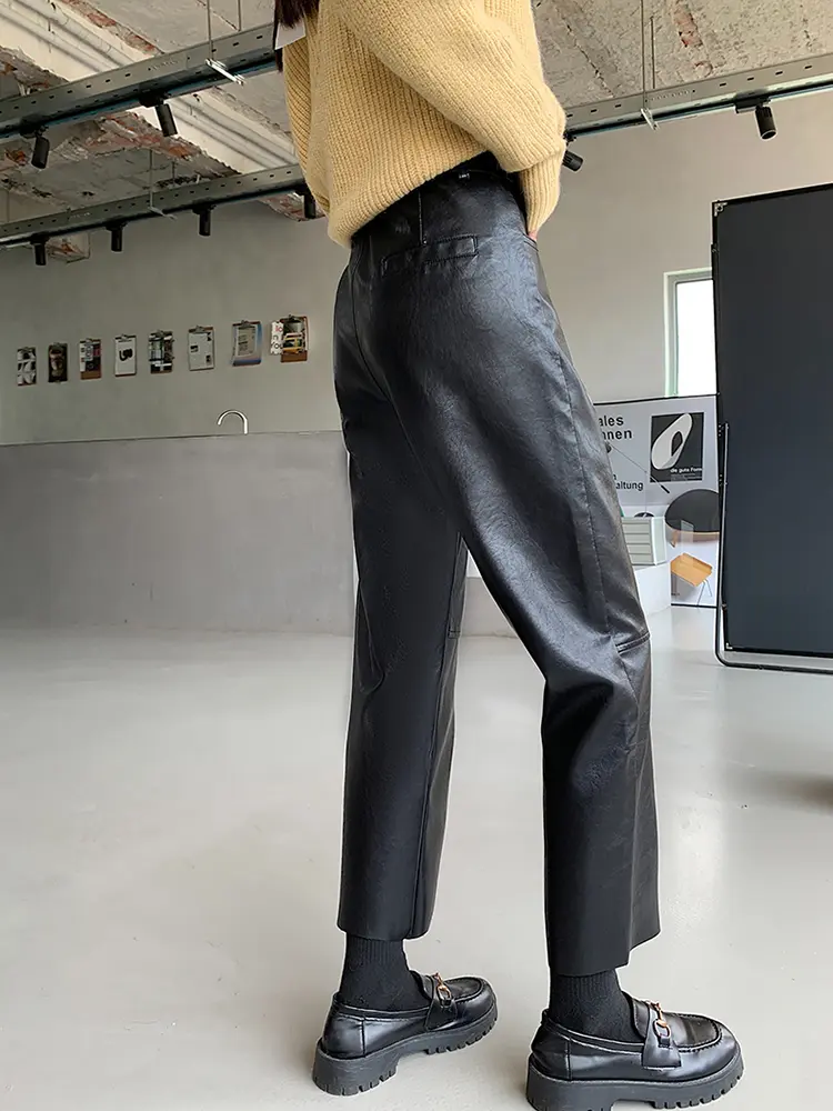 New 2024 Autumn Winter Leather Pants Women Korean Fashion High Elastic Waist Red Or Black Color Harem Trousers Female Pantalones
