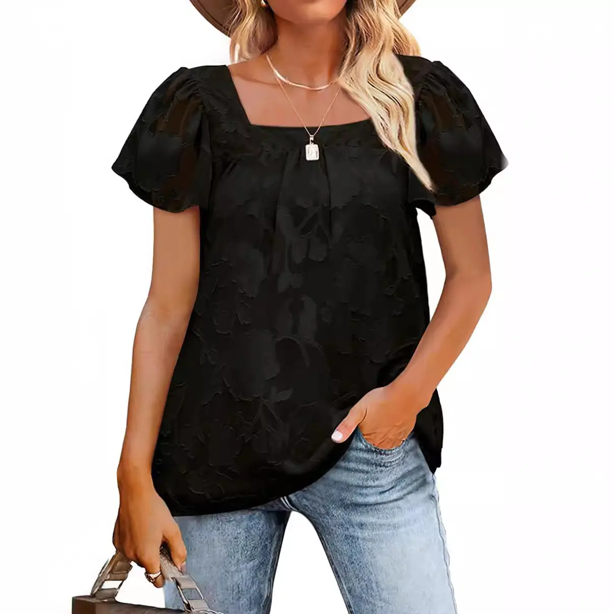 Short sleeved 2025 summer women's new square collar lace lace lace hollow short sleeved chiffon shirt