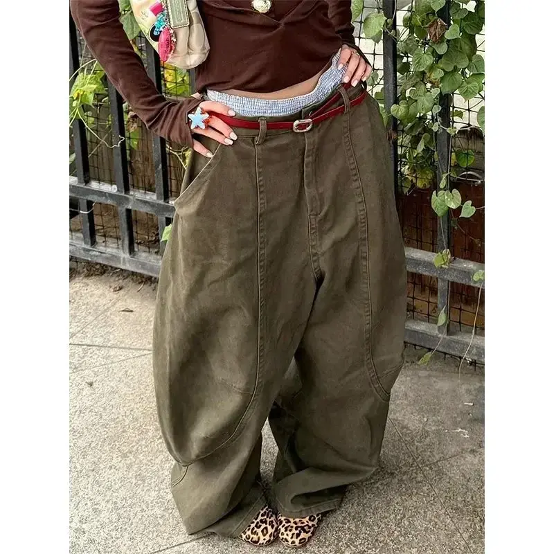 Women Streetwear Vintage Cargo Harajuku Parachute Jeans Wide Leg American Retro Denim Pants 2000s Trousers Clothes