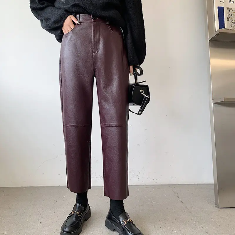New 2024 Autumn Winter Leather Pants Women Korean Fashion High Elastic Waist Red Or Black Color Harem Trousers Female Pantalones