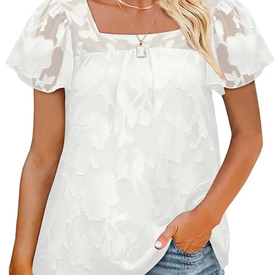 Short sleeved 2025 summer women's new square collar lace lace lace hollow short sleeved chiffon shirt