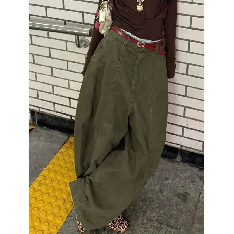 Women Streetwear Vintage Cargo Harajuku Parachute Jeans Wide Leg American Retro Denim Pants 2000s Trousers Clothes