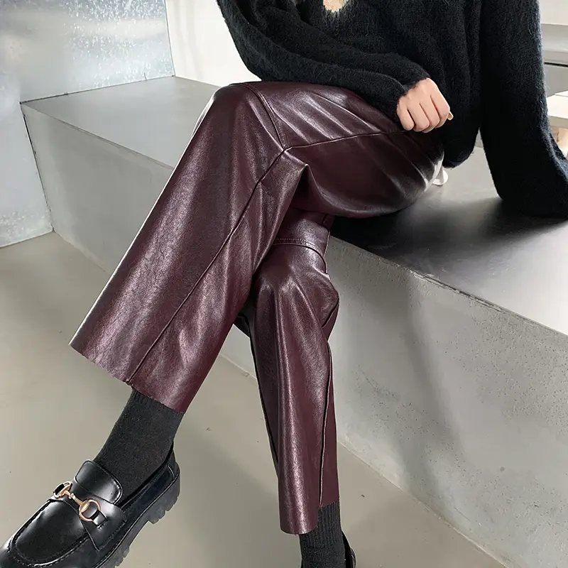 New 2024 Autumn Winter Leather Pants Women Korean Fashion High Elastic Waist Red Or Black Color Harem Trousers Female Pantalones