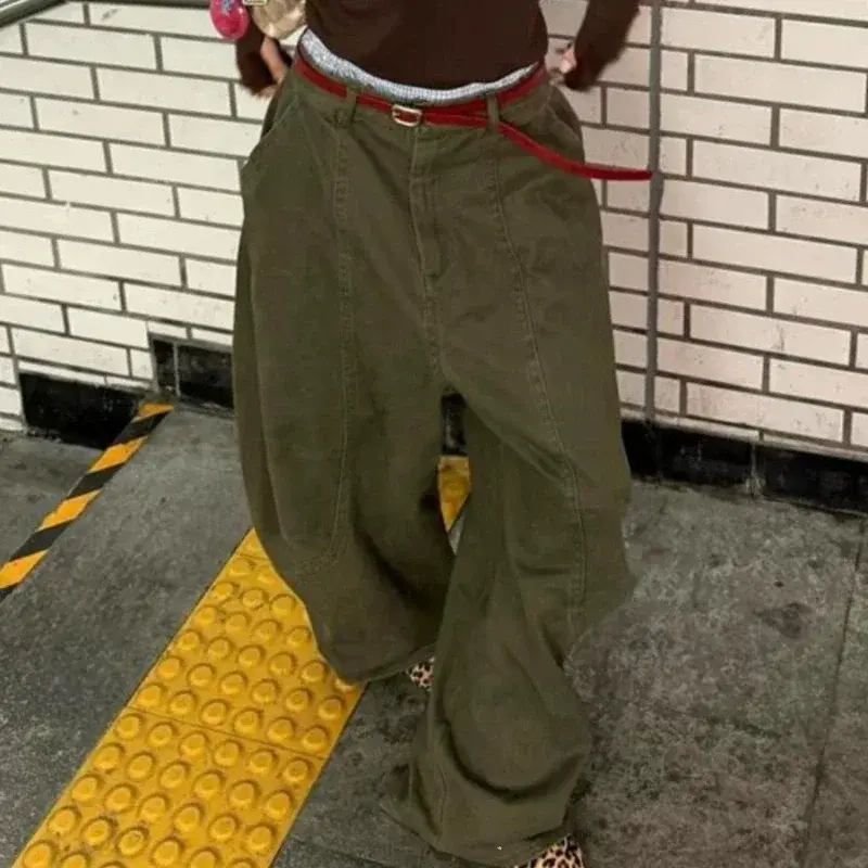 Women Streetwear Vintage Cargo Harajuku Parachute Jeans Wide Leg American Retro Denim Pants 2000s Trousers Clothes