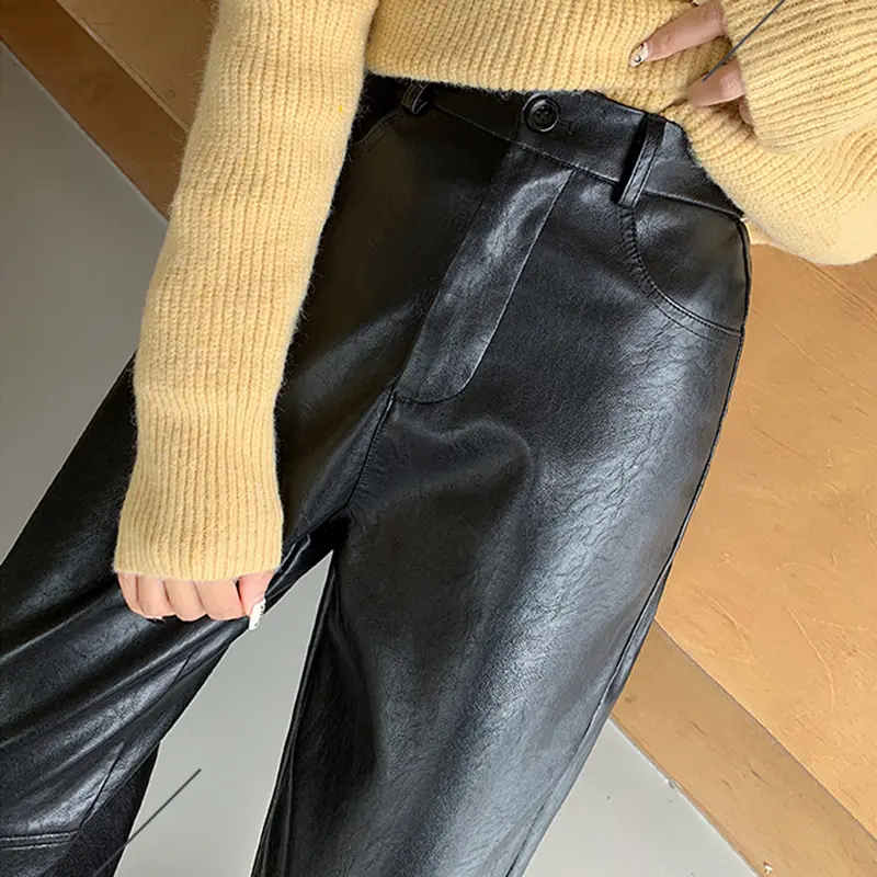 New 2024 Autumn Winter Leather Pants Women Korean Fashion High Elastic Waist Red Or Black Color Harem Trousers Female Pantalones