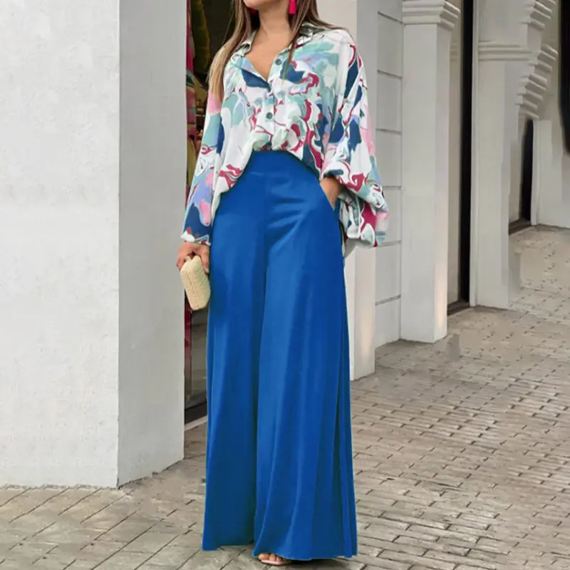 2025 European and American women's autumn printed shirt with elegant temperament wide leg pants fashionable casual set