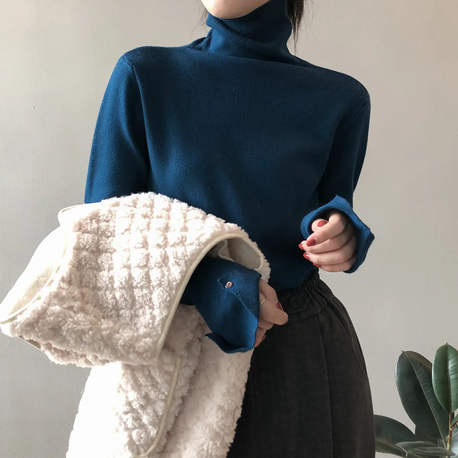 Knitted sweater women's spring new style interior pullover solid color high neck long sleeved slim fit Korean version base shirt
