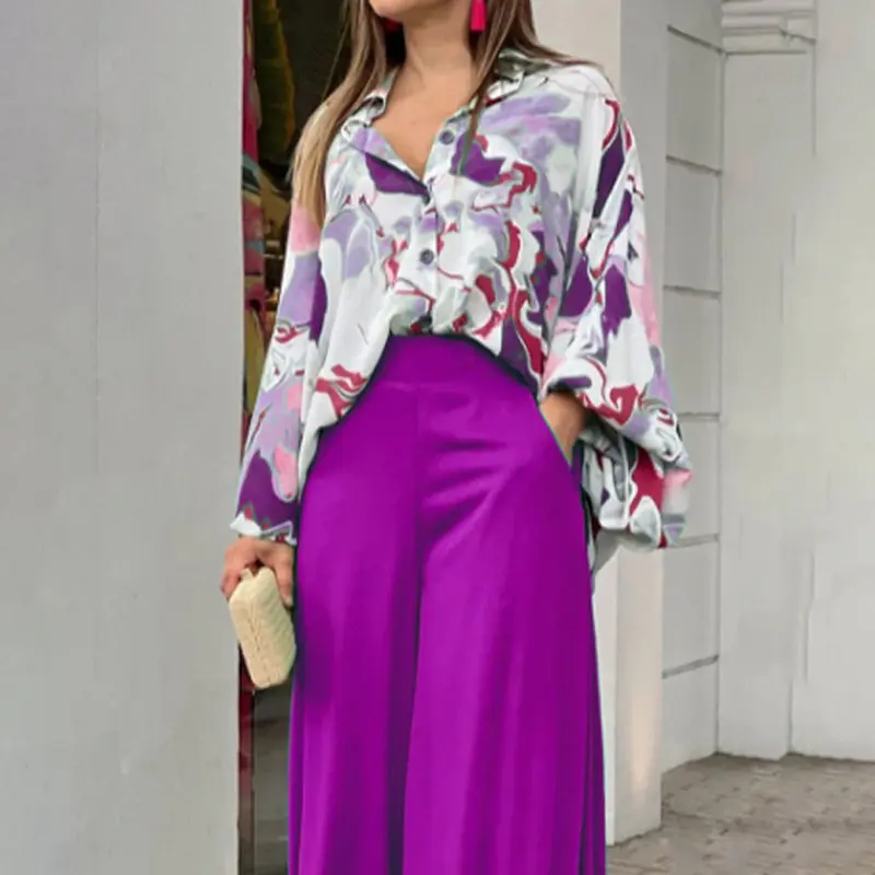 2025 European and American women's autumn printed shirt with elegant temperament wide leg pants fashionable casual set
