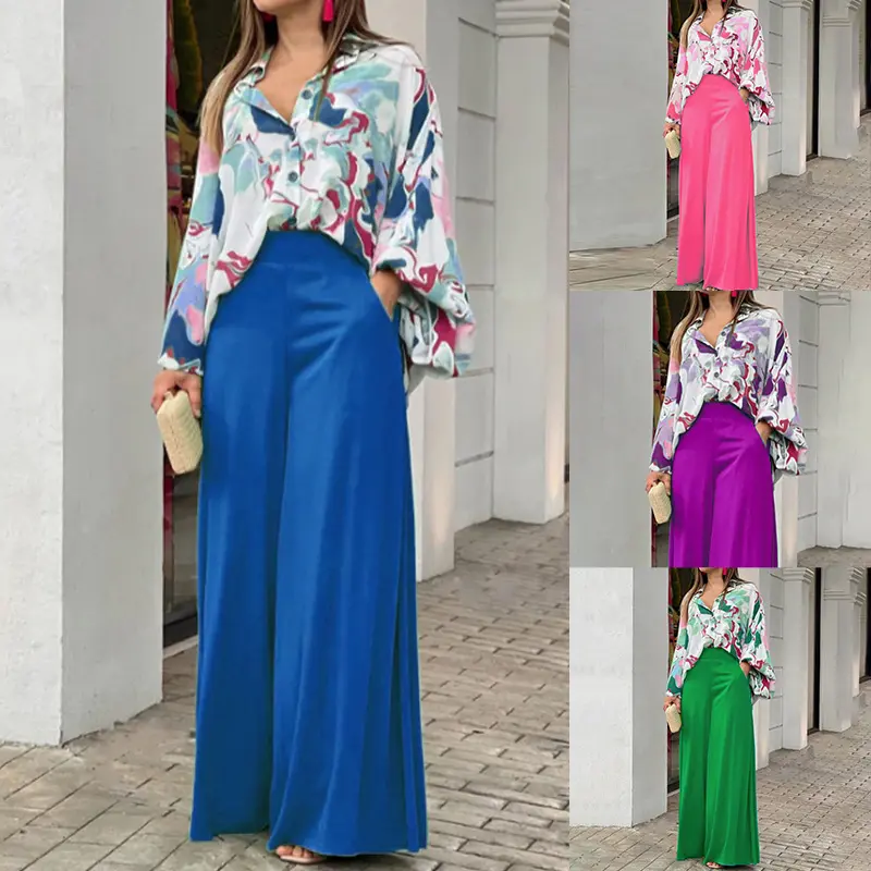 2025 European and American women's autumn printed shirt with elegant temperament wide leg pants fashionable casual set