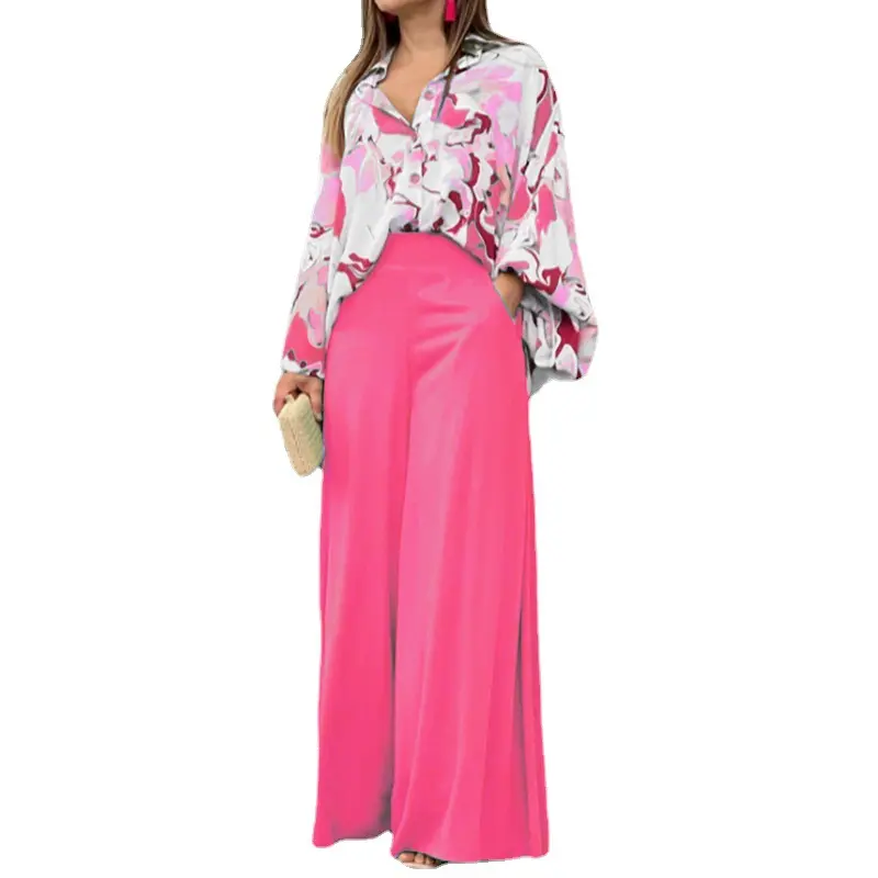 2025 European and American women's autumn printed shirt with elegant temperament wide leg pants fashionable casual set