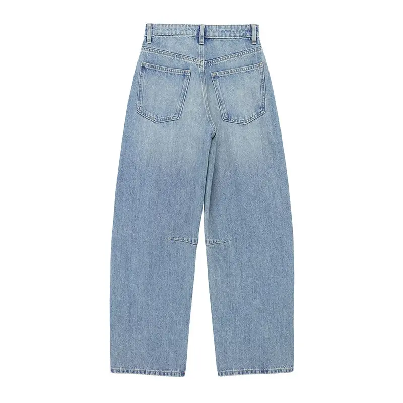 Elegant Distressed Medium Waist Women Denim Pants Vintage Washed Loose Fitting Button Pockets Jeans Chic Ladies Commute Trousers