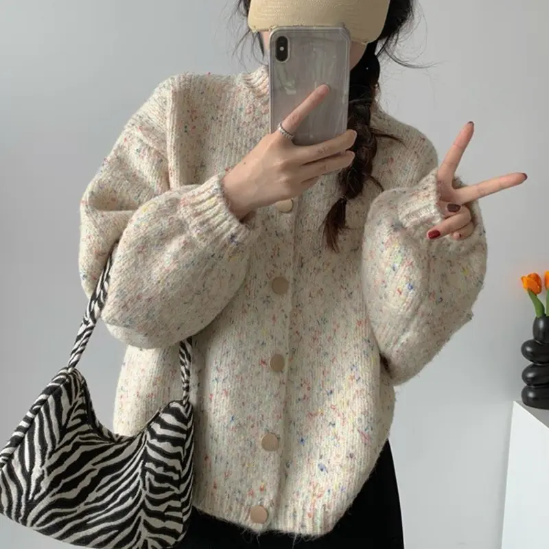 Atmosphere Color Dot Knitted Cardigan Women's 2024 Autumn New Loose Lazy Style Korean Chic Sweater Jacket