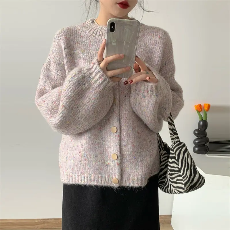 Atmosphere Color Dot Knitted Cardigan Women's 2024 Autumn New Loose Lazy Style Korean Chic Sweater Jacket