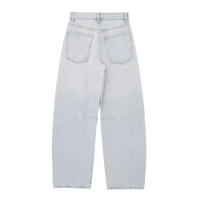 Elegant Distressed Medium Waist Women Denim Pants Vintage Washed Loose Fitting Button Pockets Jeans Chic Ladies Commute Trousers