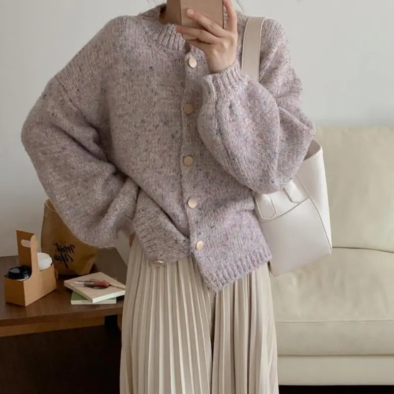 Atmosphere Color Dot Knitted Cardigan Women's 2024 Autumn New Loose Lazy Style Korean Chic Sweater Jacket