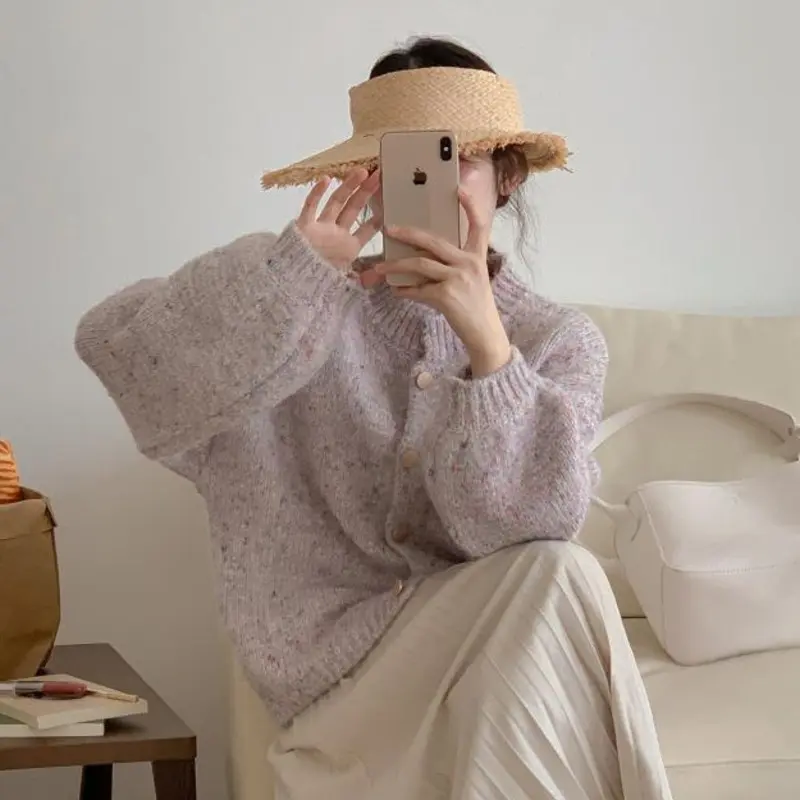 Atmosphere Color Dot Knitted Cardigan Women's 2024 Autumn New Loose Lazy Style Korean Chic Sweater Jacket