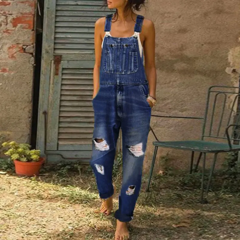 European and American new denim washed simple and versatile straight leg casual versatile women's jumpsuit overalls