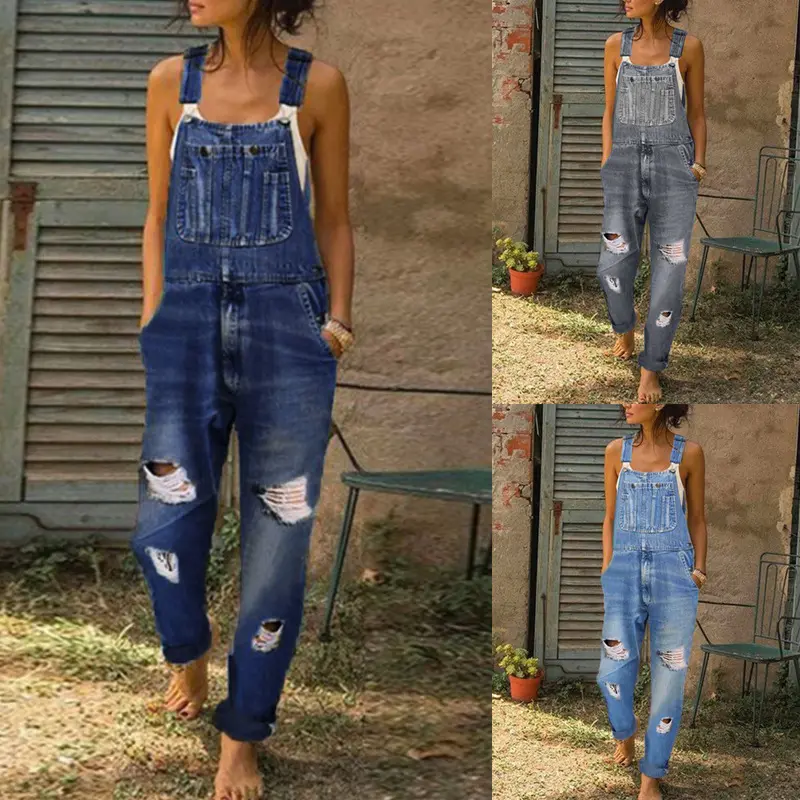 European and American new denim washed simple and versatile straight leg casual versatile women's jumpsuit overalls