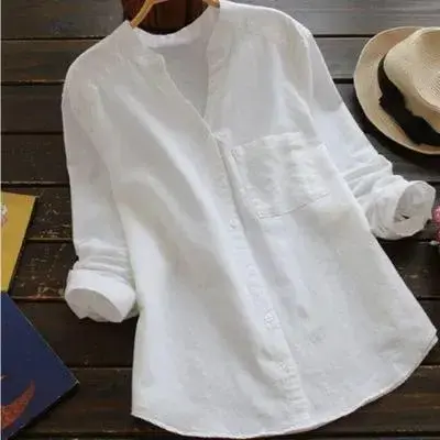 Women's Casual Retro Cotton And Linen Shirts Loose Solid Color V-neck Cardigan Button ladies Yellow White Autumn Shirt Tops