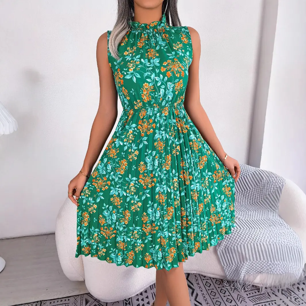 Women's dress with European and American 2025 spring and summer temperament black fungus edge flower waist cinched pleated dress