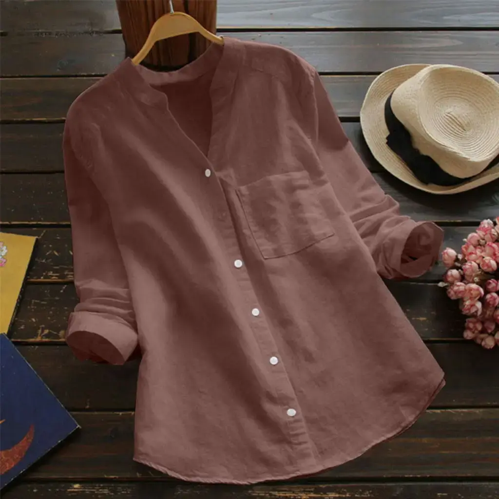 Women's Casual Retro Cotton And Linen Shirts Loose Solid Color V-neck Cardigan Button ladies Yellow White Autumn Shirt Tops