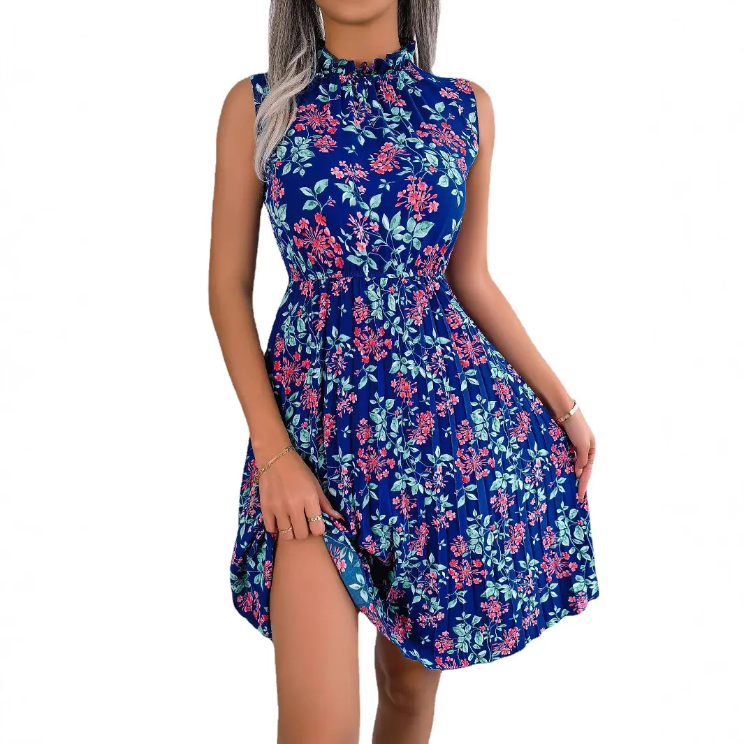 Women's dress with European and American 2025 spring and summer temperament black fungus edge flower waist cinched pleated dress